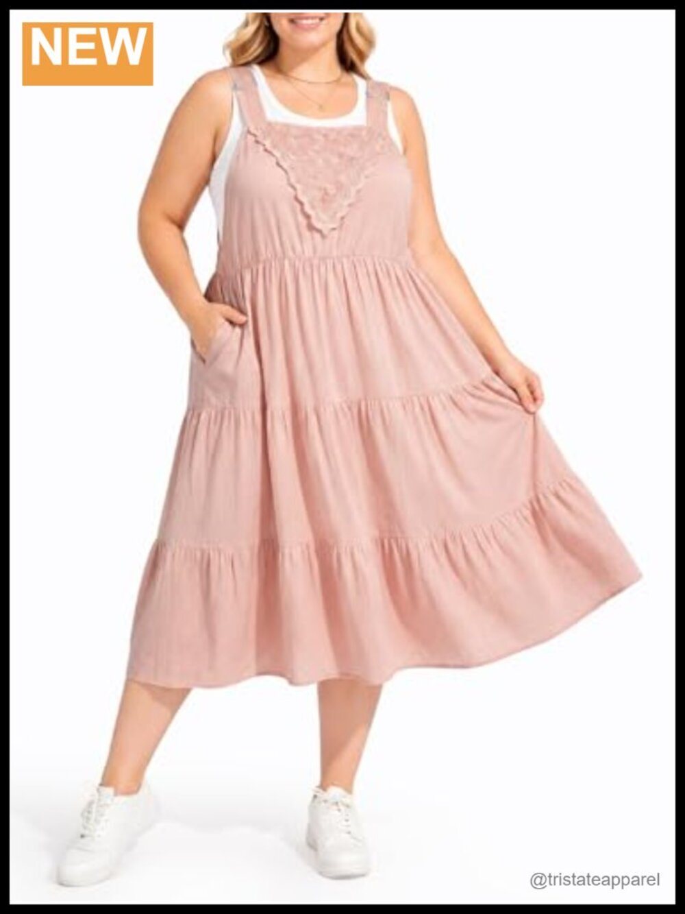Plus Size Cotton Overall Dress Adjustable Straps Pockets Lace Trim A-Line